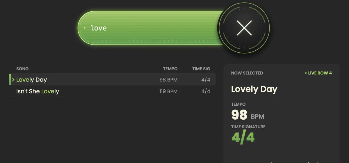 Typing “love” filters the list, with matching letters highlighted