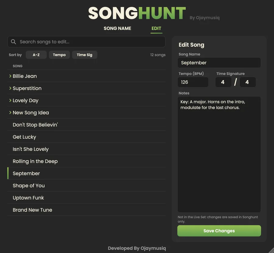 The EDIT tab: search, song list, name, tempo, time signature and notes