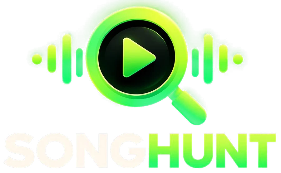 SONGHUNT logo: a neon-green magnifying glass between audio bars