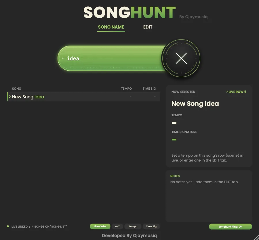 Searching “idea” finds New Song Idea, a song found only in the Live Set, at LIVE ROW 5