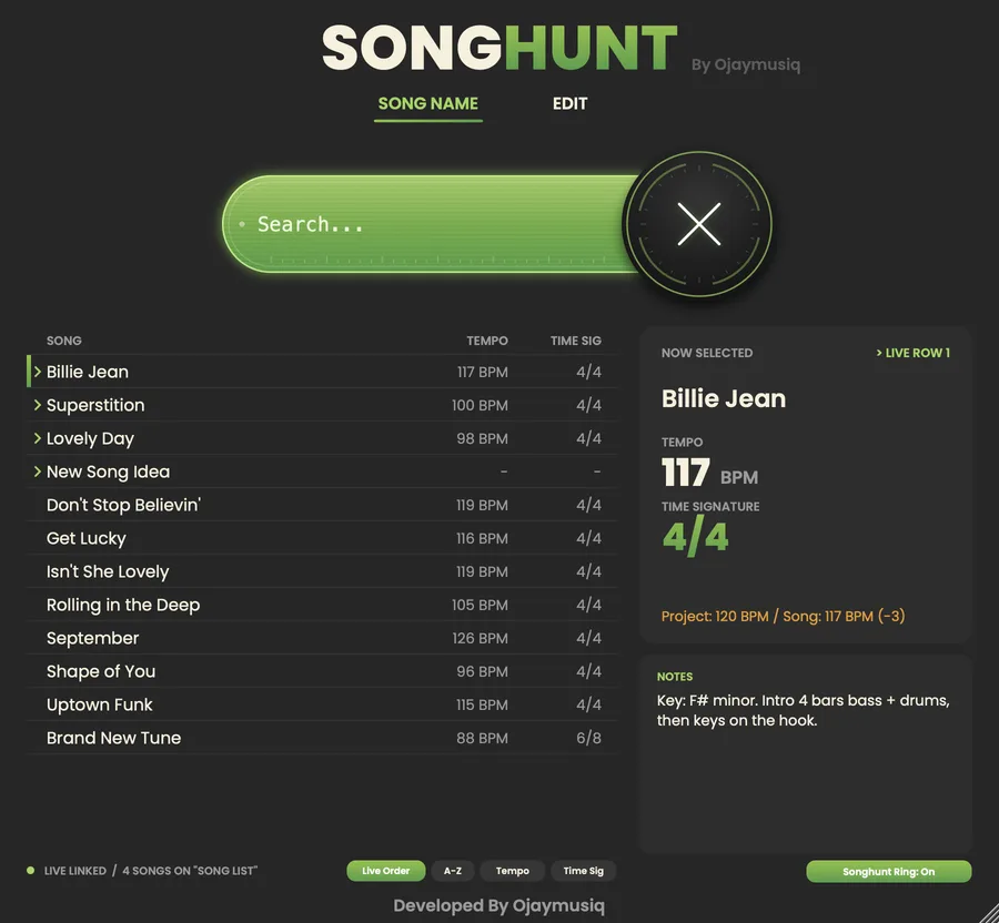 The main view: search bar, 15-song list, Now Selected panel, notes and the Songhunt Ring button
